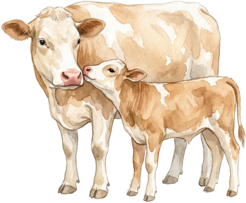A watercolour of a cow and her calf standing together.