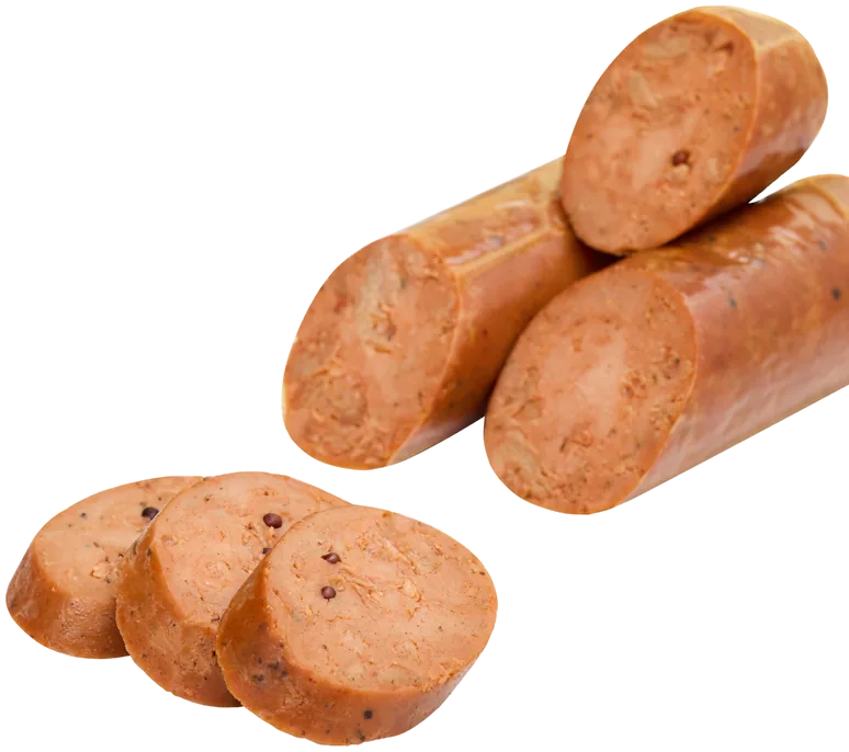 Holy Smokes! sausages, whole and sliced, showing the smoked, peppered texture.
